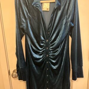 Free People Teal Velvet Button-Down Dress